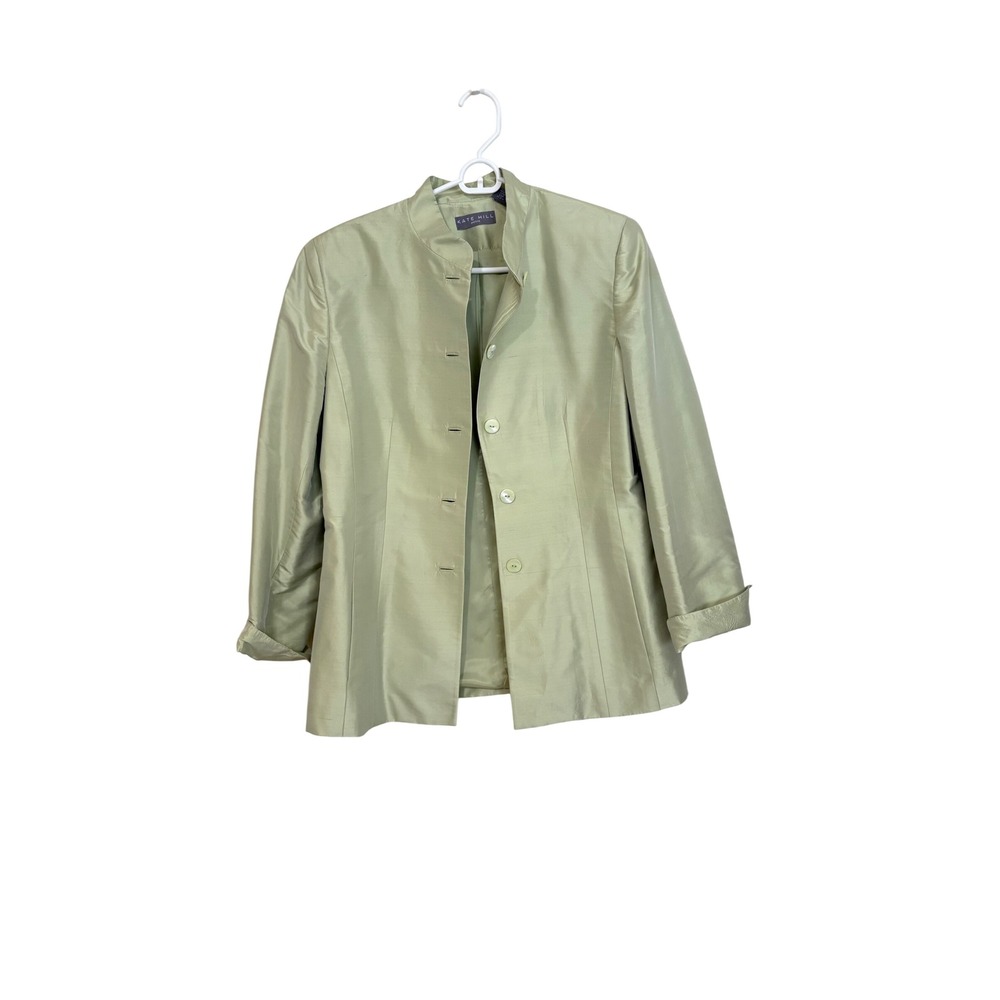 Kate Hill Petite Sage Green 100% Silk Mandarin Collar Blazer Jacket Size 12P